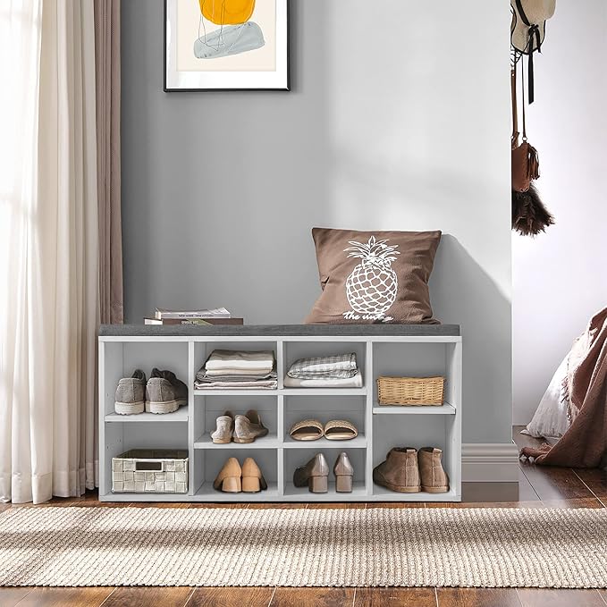 PayLessHere Shoe Bench Storage Bench Entryway Bench Shoe Storage Organizer, 11.8 x 40.9 x 20.7 Inches, with Cushion and 10 Adjustable Compartments for Living Room Entryway Hallway Bedroom
