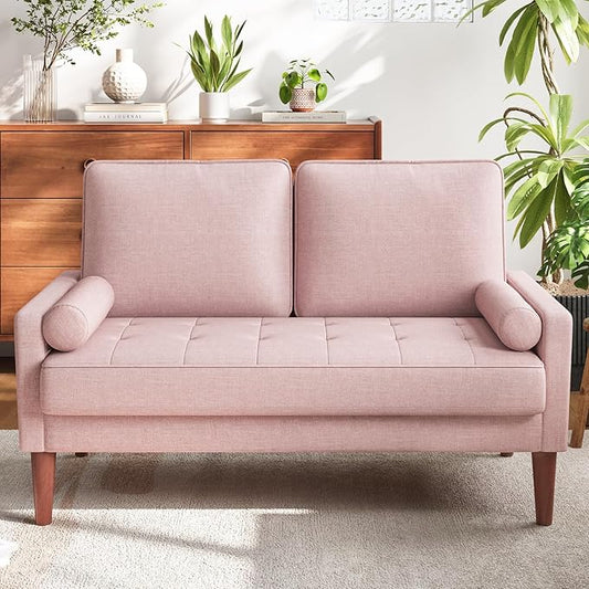 Vesgantti Loveseat Sofa with Solid Wood Legs, 48" Small Couches for Small Spaces, Love Seat for Living Room, Bedroom, Easy Assembly Mid Century Modern Couch with Throw Pillow for Apartment, Pink