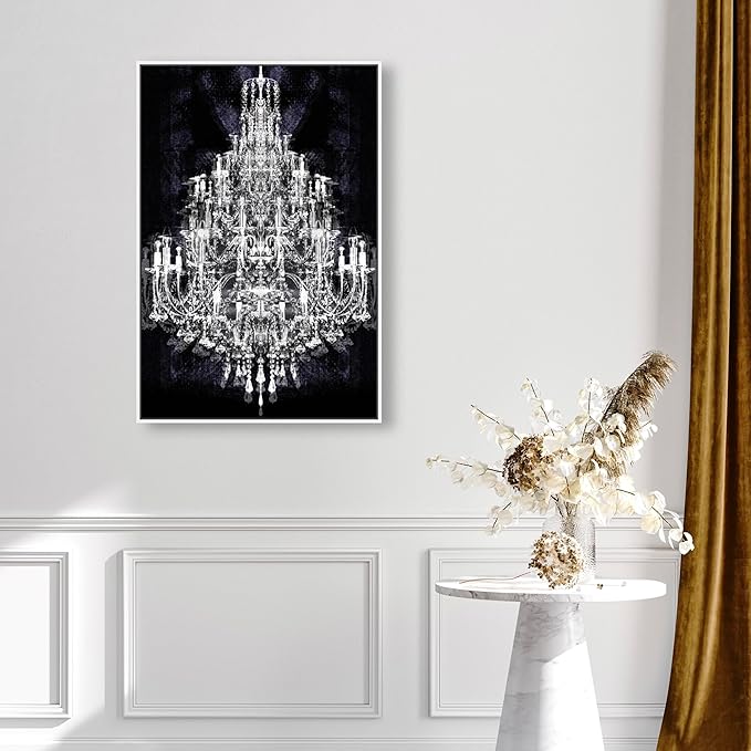 The Oliver Gal Artist Co. Fashion and Glam Framed Wall Art Canvas Prints 'Montecarlo Crystal' Chandeliers Home Décor, 24" x 36", White, Black