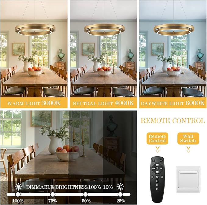 LED Ring Chandelier Gold Round Chandelier 30W Entry Chandeliers Light Brass Gold Dimmable Chandeliers for Dining Room Entryway Kitchen Island Bedroom Living Room, 24in
