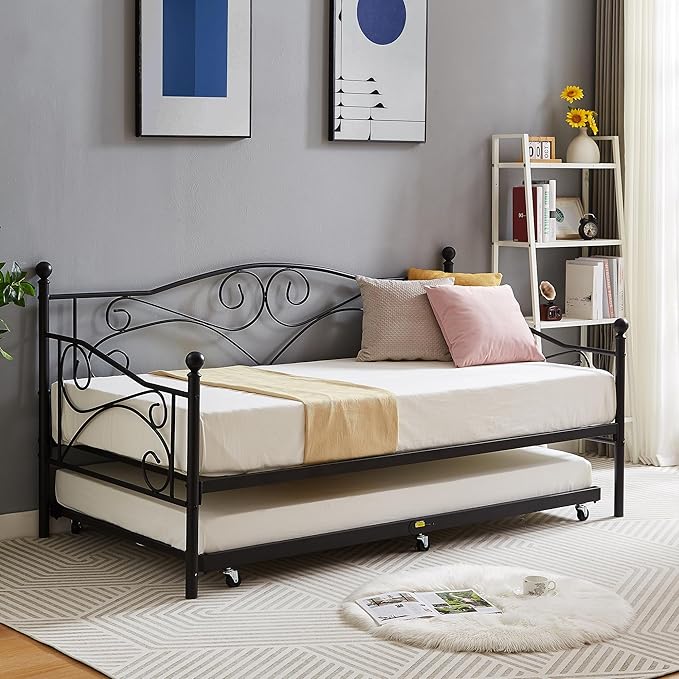 VECELO Daybed Frame, Twin Size Metal Platform Bed with Headboard,Heavy Duty Steel Slats Support for Living Room Bedroom Guest Room, Easy Assembly