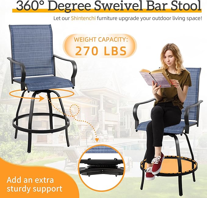 Shintenchi 4 Piece Patio Swivel Bar Chairs, All Weather Textile Outdoor Metal Bar Stools Patio Chairs Set of 4 with High Back, High Top Bistro Set Furniture for Balcony, Backyard,Garden,Deck,Deep Blue