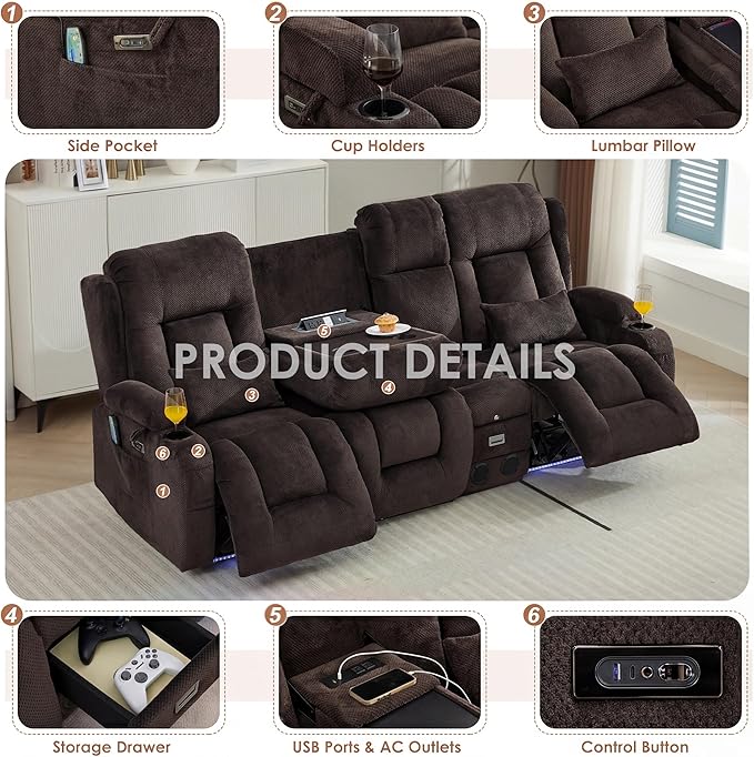 TUNYI Wall Hugger Loveseat Recliner Sofa with Console, Power Reclining Loveseat RV Couch with Massage & Heat/USB/Outlet/Storage/LED Light/Speaker (Brown, 4 Seat)