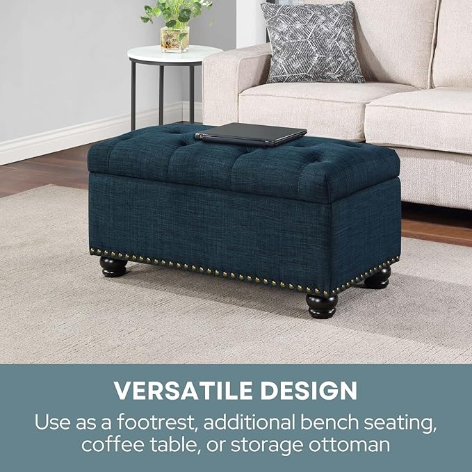 Convenience Concepts Designs4Comfort 7th Avenue Ottoman Bench 35.5" - Modern Upholstered Footstool & Seat with Hinged Lid & Storage, for Living Room, Bedroom, & Entryway, Dark Blue Fabric