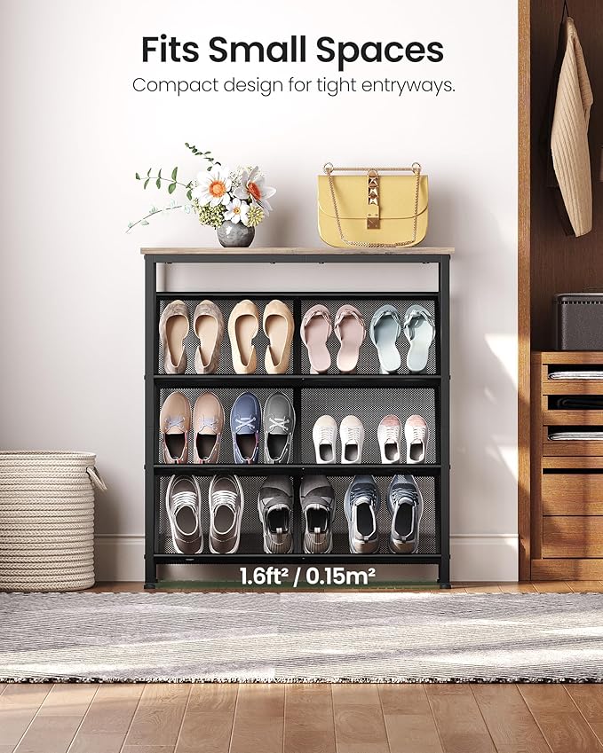 Shoe Rack, 4-Tier Slanted Shoe Storage Shelf, Narrow Shoe Rack for Entryway, Shoe Organizer with Adjustable Feet, Slim Shoe Shelf with Wooden Top and Metal Frame, Greige and Black TXJ75BG