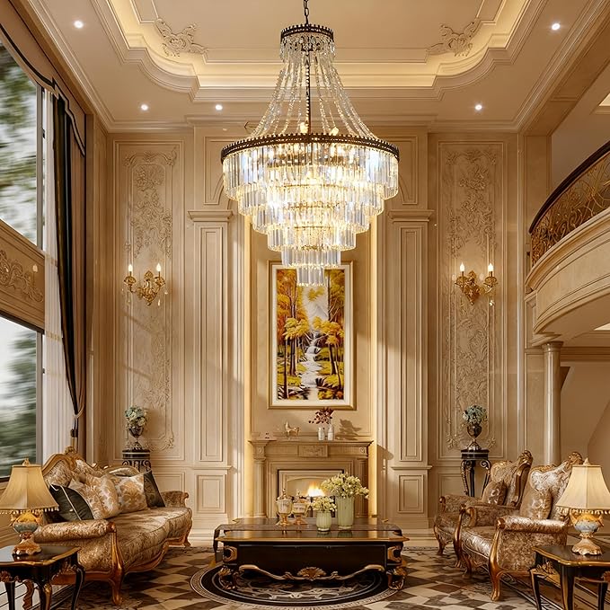 French Empire Crystal Chandelier Antique Bronze Vintage Pendant Light Large Farmhouse Chandeliers Ideal for High-Ceiling Stairwells,Entryways,Dining Room Living Room W31 × H47