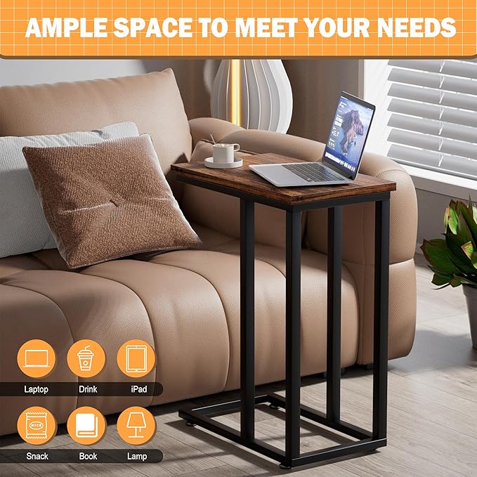 VECELO Universal C-Shaped Side Table, Multi-Functional Snack & TV Tray for Living Room, Bedroom, Brown (2 Set)