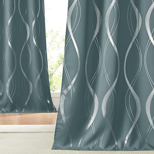 NICETOWN Blackout Curtains Panels for Living Room, Greyish Blue, 52" Wide x 84" Long, 2 Panels, Sound Reducing Thermal Insulated Wave Line Foil Print Design Curtains for Patio Sliding Glass Door