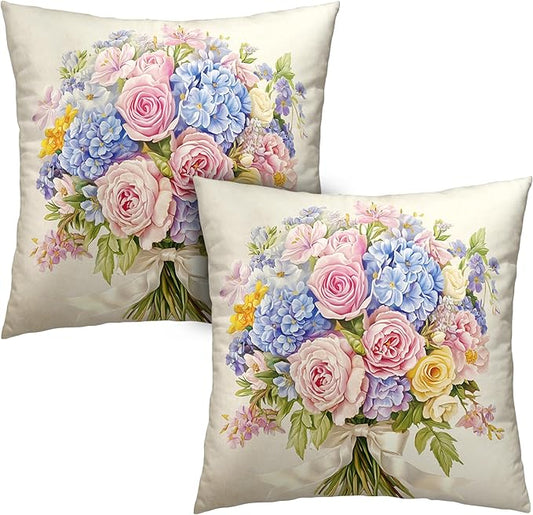 Spring Summer Floral Pillow Covers 16x16 Pink Rose Blue Hydrangea Throw Pillow Covers Exquisite Bouquet Pillow Case Flowers Cushion Case for Living Room Couch Sofa 2 Pack