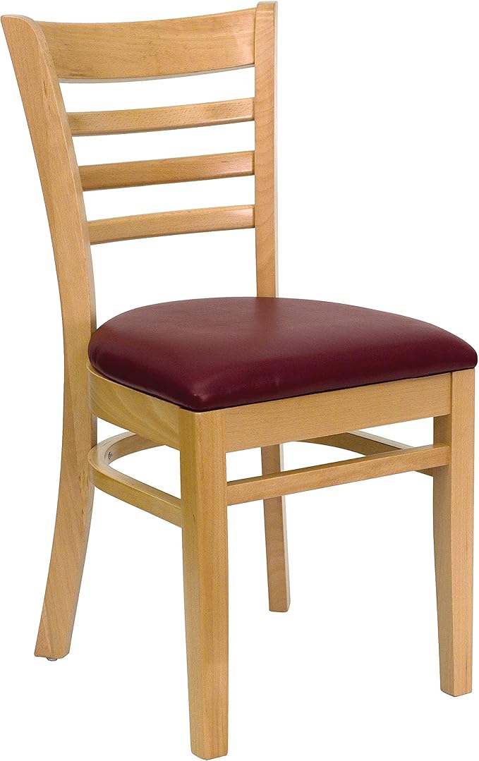 Flash Furniture HERCULES Series Ladder Back Natural Wood Restaurant Chair - Burgundy Vinyl Seat