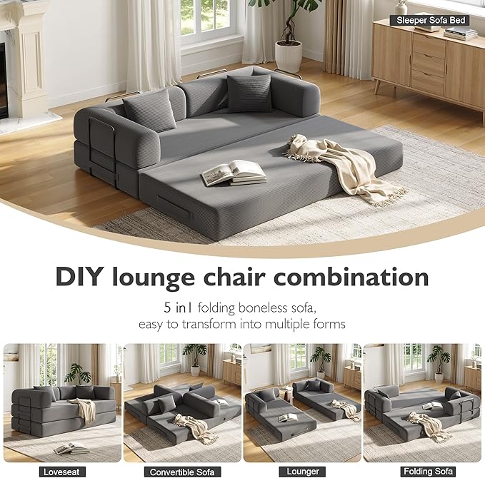 79in Convertible Sofa Bed, Corduroy Boneless Couch Bed, Futon Sleeper Sofa Pull Out Bed, Foldable Couch for Living Room Apartment, No Assembly Required
