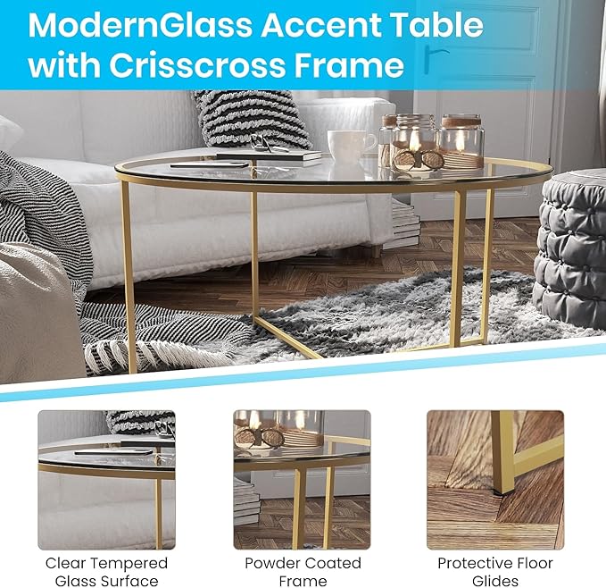 Flash Furniture Greenwich Collection Coffee Table - Modern Clear Glass Coffee Table - Crisscross Brushed Gold Frame