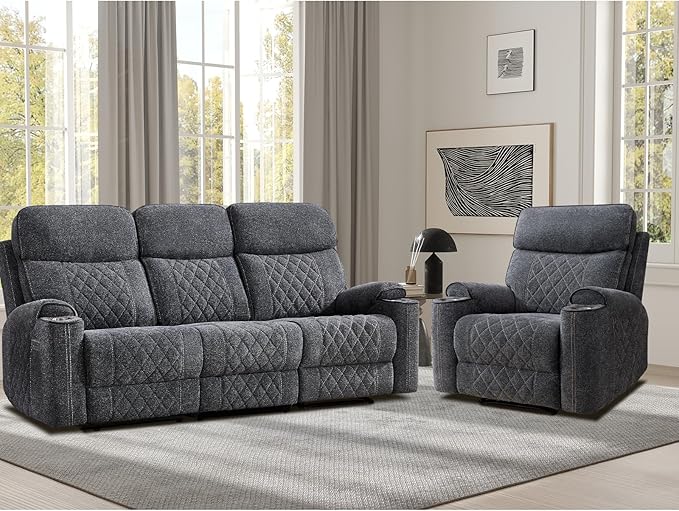 EBELLO Power Reclining Sofa Set, Fabric Electric Recliner Chair and 3 Seater Sofa Couch with Cup Holders, USB and Type-C Charging Ports and Storage Space, 4 Seats for Small Living Room, Grey