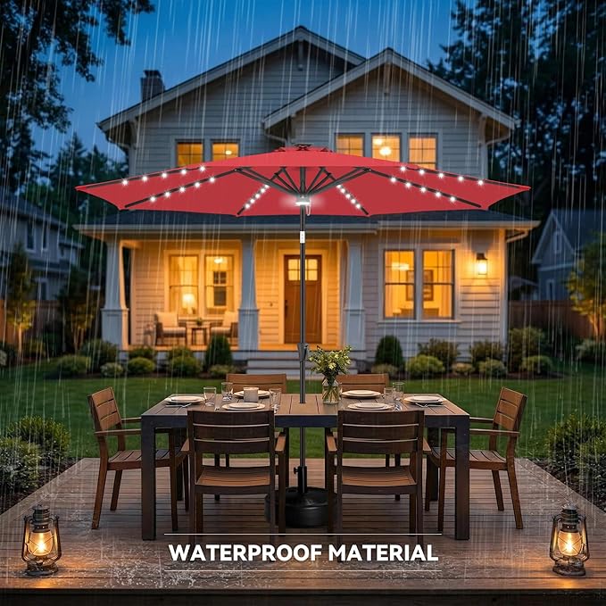 10ft Solar Umbrella Outdoor - Lighted Solar Patio Umbrella with 40 LED Lights Waterprool UV Protection, Table Umbrella with Tilt for Pool, Porch, Garden, Deck, Backyard (Red)