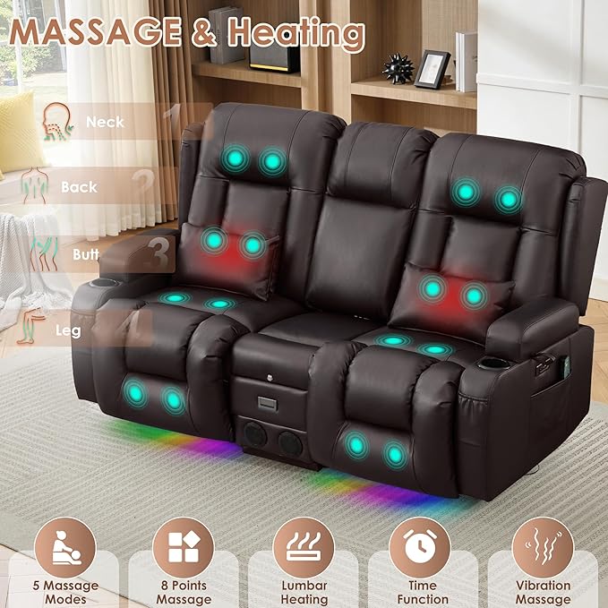 TUNYI Wall Hugger Loveseat Recliner Sofa with Console, Power Reclining Loveseat RV Couch with Massage & Heat/USB/Outlet/Storage/LED Light/Speaker (Espresso)