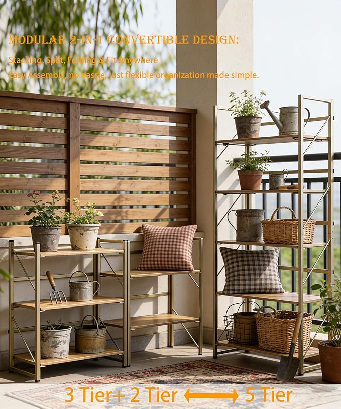 Folding Bookshelf,Multifunctional Foldable Plant Stand Storage Rack Shelves for Home Office, Easy Assembly, 5-Tier,Gold & Nature Wood