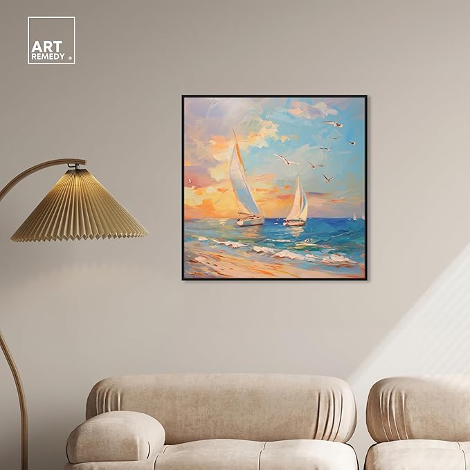 Art Remedy Sailboats In The Sunset Framed Sailing 1 Piece Canvas Wall Art, 31" x 31", Black Frame