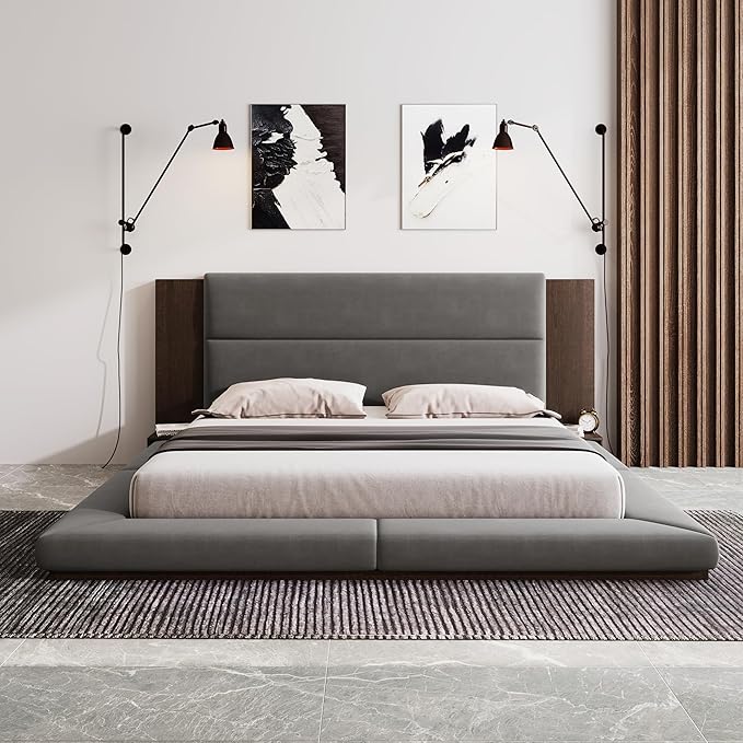 Merax King Size Floor Upholstered Platform Bed with Extended Wood Headboard and Bedside Shelf,No Box Spring Needed,Gray