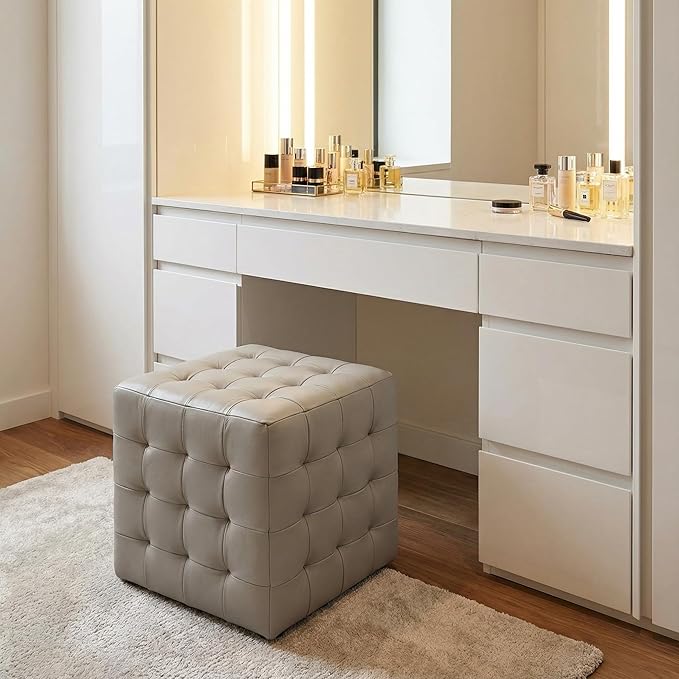 Cortesi Home Charli Tufted Cube Ottoman in 100% Genuine Leather, Light Grey