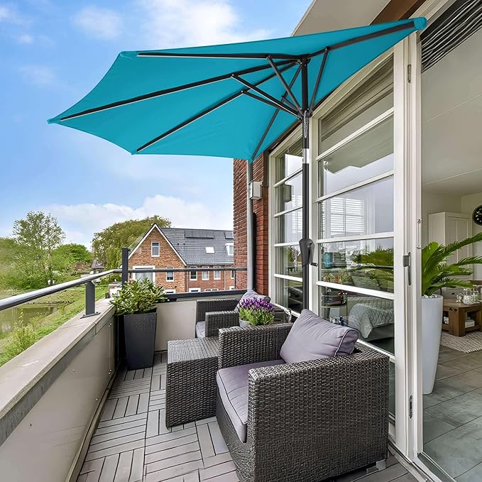 9ft Half Umbrellas Outdoor - Half Patio Umbrella with Tilt, UV Protection Waterprool, Half Round Umbrella for Wall Balcony, Pool, Porch, Garden, Deck, Backyard (Aqua Blue)