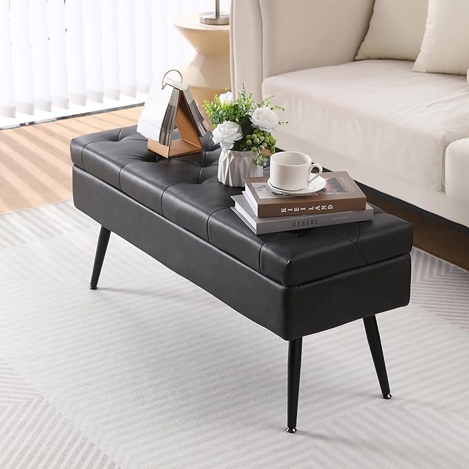 CUYOCA Storage Ottoman Bench, 40" Faux Leather Tufted Entryway Bench, Long Ottoman with Storage for Living Room, Support 660lbs - Black