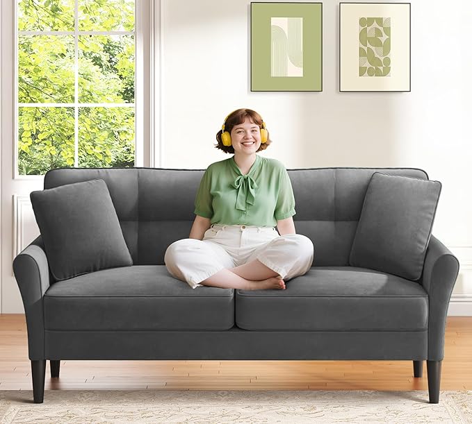 Loveseat Sofa, 69" Love Seat Couches, Comfy Velvet Small Couches for Small Spaces with 2 Pillows, Tool-Free Setup Sofas & Couches, 700lb Load Sofas for Living Room, Mini Couch for Bedroom, Charcoal