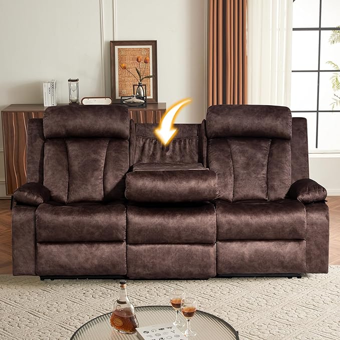 Electric Power Reclining Sofa w/Flipped Middle Backrest & Cup Holders, Power Recliner Couch w/Massage & Heat, Spacious 3-Seater Couch for Living Room Comfort (Brown)