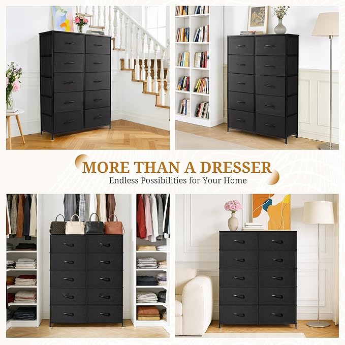 10-Drawer Fabric Dresser, Chest of Drawers Clothes Cabinet for Closet & Bedroom, Storage Organizer with Steel Frame for Entryway, Dorm, Living Room, Black