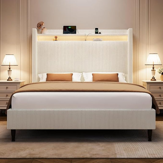 Full Size Bed Frame with Tall Headboard, 55.3" Corduroy Upholstered Platform Bedframe with LED Lights & Charging Station, Cream Full Beds, Wingback Storage Headboard, No Box Spring Needed, Wood Slats