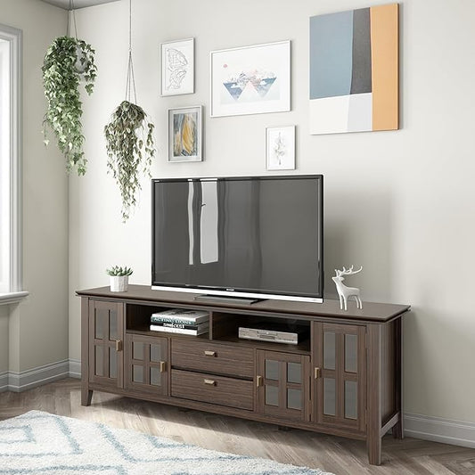 SIMPLIHOME Artisan TV Stand - 72 inch Wide Solid Wood Media Console in Farmhouse Brown, Contemporary Entertainment Center for Living Room for TVs up to 80 Inches with Drawers and Cable Management