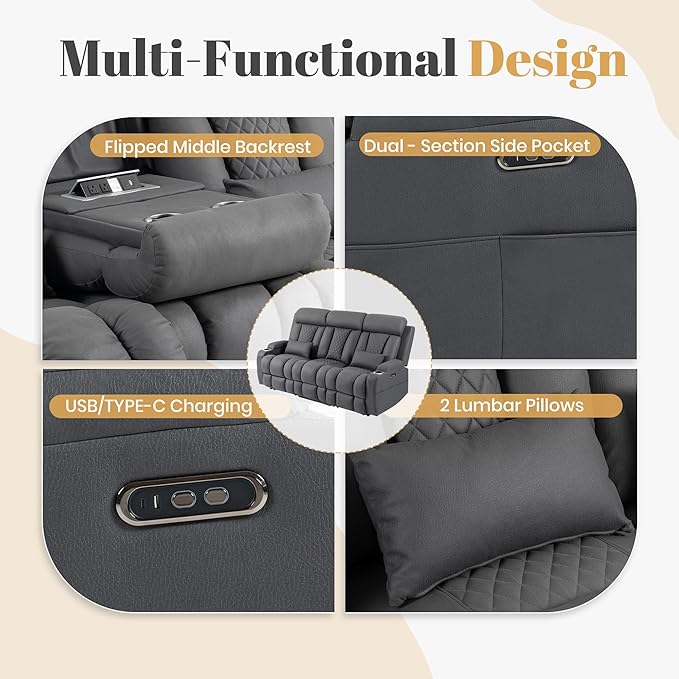 2-Piece Power Reclining Sofa Set, 3-Seater Sofa with Drop-Down Console & 2-Seater Loveseat, Zero Wall Hugger Electric Recliner Couch with Adjustable Headrest, AC Outlets (Gray, 3 Seat)