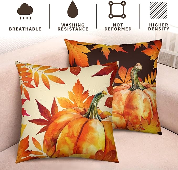 Fall Decor Pillow Covers 18x18 Set of 2 Orange Maple Leaf Pumpkin Outdoor Throw Pillow Covers Happy Fall Thanksgiving Pillows Decorative Throw Cushion Case for Home Couch Sofa
