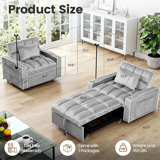 Sleeper Chair, Convertible Pull Out Chair Sleeper with Bracket and Cup Holder, Chairs Bed Sleepers for Adults, 3 in 1 Sofa Bed Chairs for Small Spaces, Living Room, Light Gray