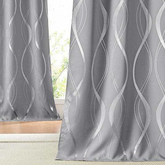 NICETOWN Blackout Curtains 95 inches Long, Foil Printed Wave Lines Energy Saving Thermal Insulated Solid Grommet Blackout Draperies for Patio Hall Studio (1 Pair, 52 inches by 95 inches, Silver Grey)