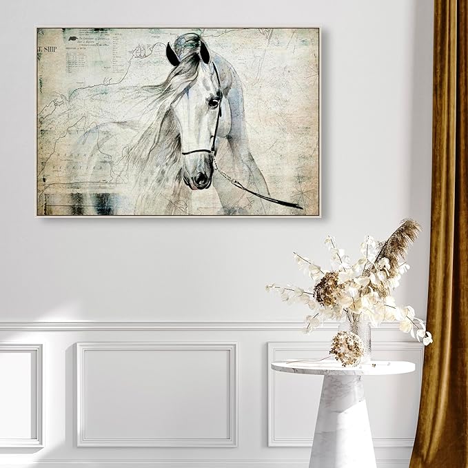 Country Farmhouse Canvas Print Painting Animal Wall Art 'Southern White Horse' Champagne Framed Canvas Rustic Home Décor 45x30 in Gray, Brown by Oliver Gal