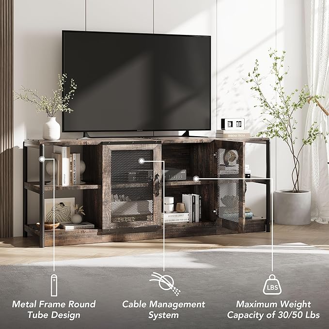 Farmhouse TV Stand for 65/75 inches TVs, Industrial Entertainment Center with Double Mesh Doors and Storage Cabinet, Rustic TV for Living Room, Rustic Oak
