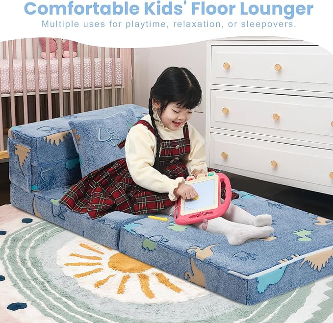 MeMoreCool Foldable Futon Chair Bed for Kids, Glow Tri-fold Sofa Bed Convertible Toddler Sofa Mattress, Foam Floor Couch for Sitting, Blue