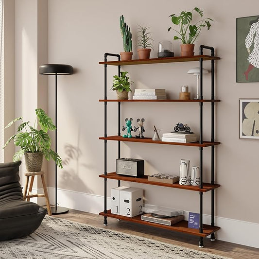 Industrial Bookshelf, 5-Tier Pipe Shelf, Wall Mounted Bookcase for Home and Office (Walnut Brown, 48" L x 11.8" W x 70" H)