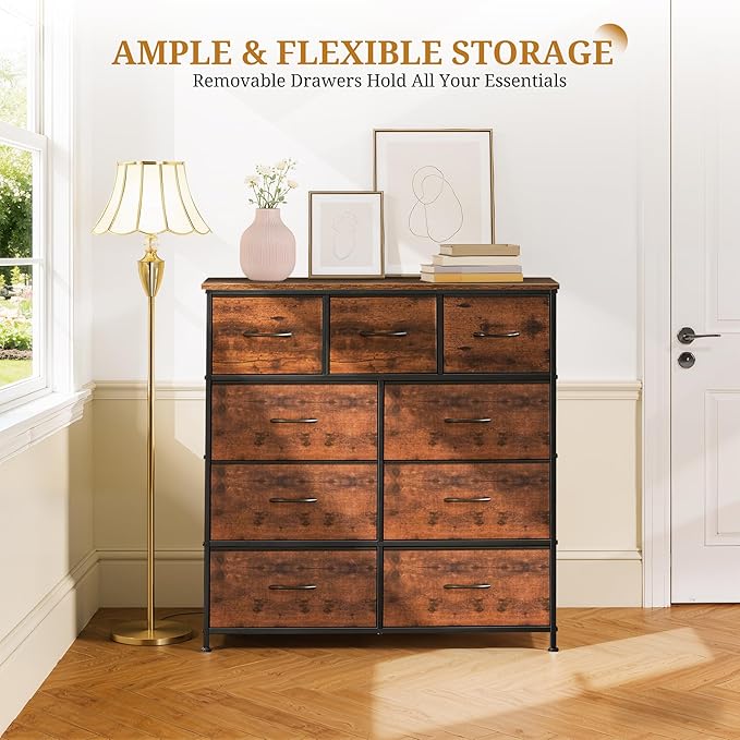 Dresser with 9 Drawers for Bedroom, Fabric Clothes Cabinet for Closet, Anti-Tip Storage Dresser with Metal Frame for Living Room, Entryway, Dorm, Brown