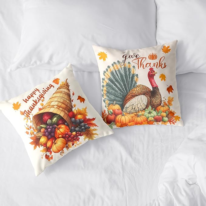 Set of 2 Thanksgiving Throw Pillow Covers 18x18 Turkey with Autumn Pumpkin Pillow Covers Fall Harvest Pillow Case Square Cushion Case for Living Room Couch