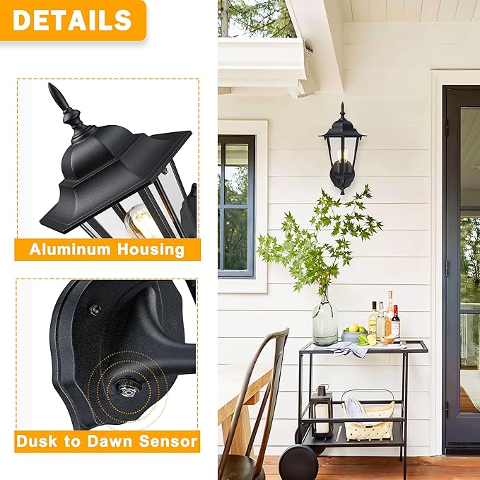 Outdoor Wall Lantern, Dusk to Dawn Exterior Wall Sconce with Clear Glass, Waterproof Black Aluminum Porch Light, Anti-Rust Outside Lighting Fixtures for Patio Front Door Entryway, 1-Pack