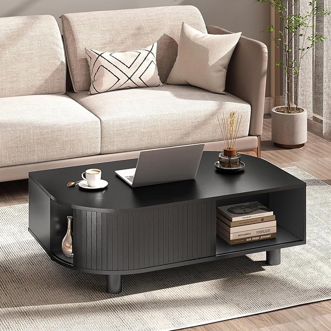 Modern 39.4" Coffee Table with Storage- Leaf-Shaped Wood Center Table with Storage, Retro Fluted Central Table with Sliding Door for Living Room, Office, Black