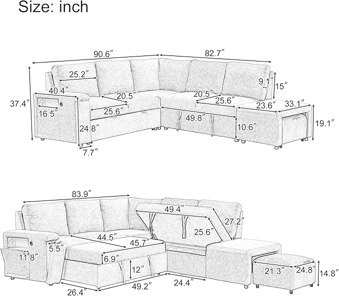 Ball & Cast 90.6" Convertible Sectional Couches Fabric Sofa Set with Pull Out Bed,L-Shaped Modular Padded Cloud w/Storage Space and USB Ports & Cup Holders on the Armrests,for Living Room,Gray