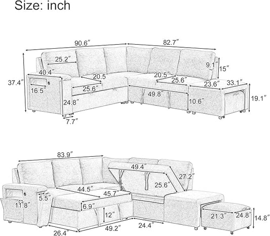 90.6" L-Shaped Modular Padded Cloud Sectional Fabric Sofa Set with Pull Out Bed, Convertible Sectional Couches w/Storage Space and USB Ports & Cup Holders on The Armrests,for Living Room,Beige