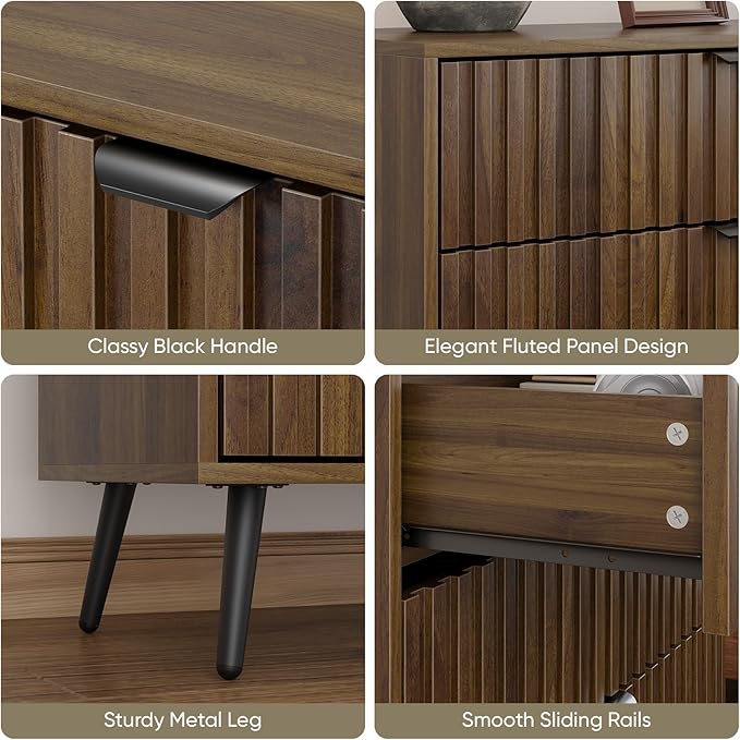 Fluted 3 Drawers Dresser, 31.5“ W Mid- Century Modern Wooden Chest of Drawers, Large Night Stand Organizer for Bedroom, Closet, Hallway, Entryway, Walnut