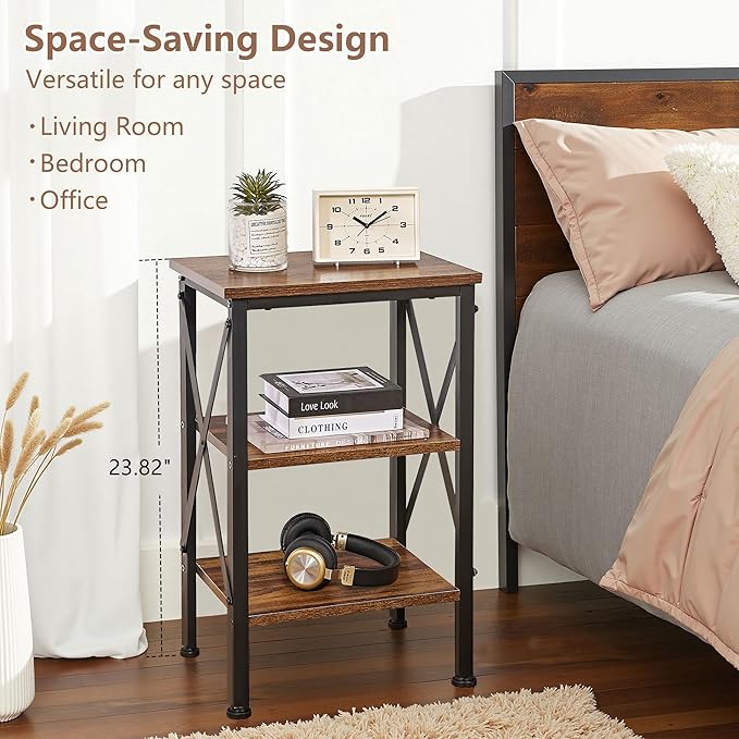 VECELO End Table, Nightstand, 24" Tall Living Room Side Tables, X-Design Reinforced Bedside Table, Nightstands with 3-Tier Storage Shelves for Small Spaces, Office, Bathroom, Bedroom, Retro Brown