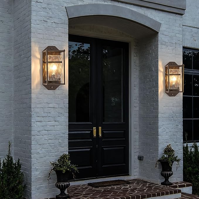 Brown Outdoor Wall Sconce,Waterproof Exterior Light Fixture with Glass Shades & E26 Sockets, Porch Wall Mount Lighting Brightens to Garage,Patio,Front Door