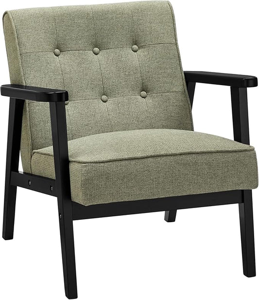 SONGMICS Accent Leisure Chair, Mid-Century Modern Arm Chair with Solid Wood Armrests and Legs, 1-Seat Cushioned Sofa for Living Room Bedroom Balcony Studio, Olive Green ULAC001C01