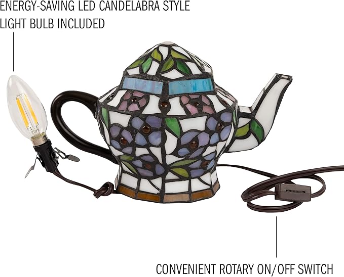 Teapot Lamp-Tiffany Style Stained Glass Table or Desk Light LED Bulb Included-Vintage Look Colorful Accent Décor for Home or Office by Lavish Home