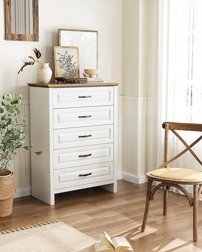 Marsail 5 Drawer Dresser for Bedroom, Modern Farmhouse Wood Wide Chest of Drawers, Storage Dressers Organizer with Anti-Slip Kit for Living Room, Bedroom & Hallway, Wood White